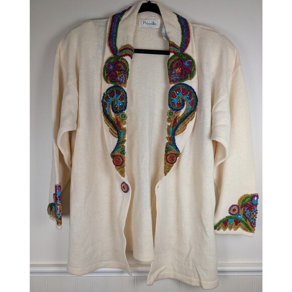 Vintage Priscilla Lambswool Sweater Size XL Cream With Sequin Angora 80's Beaded - Picture 2 of 16